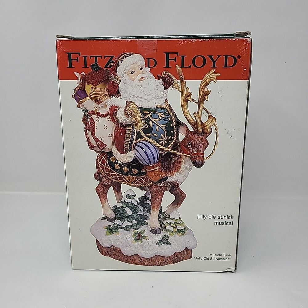 Fitz and Floyd Jolly Ole St Nick Reindeer Musical Figurine Christmas Santa